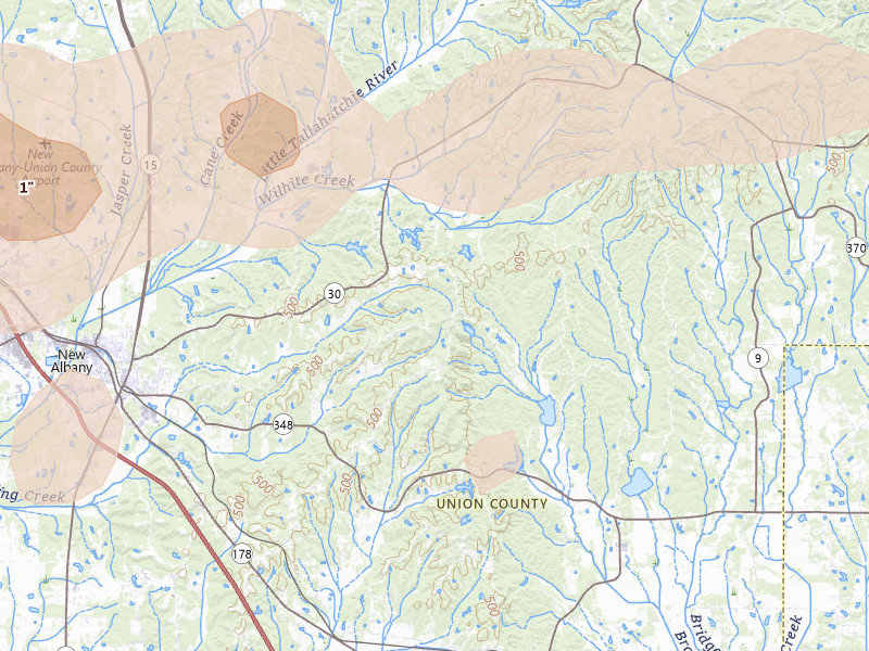 Radar-estimated hail-size map of the storm over New Albany, MS on Apr 28, 2026
