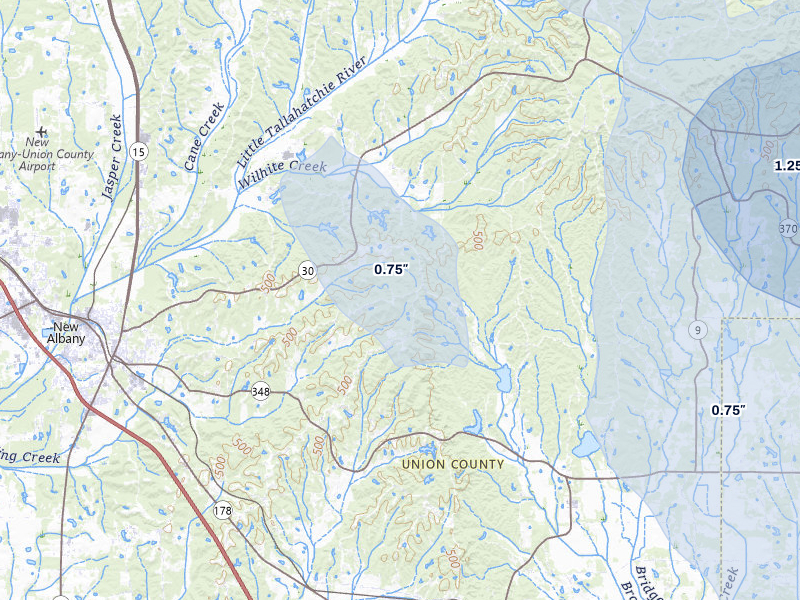 NEXRAD radar-signature map of the hail storm over New Albany, MS on Jun 1, 2026