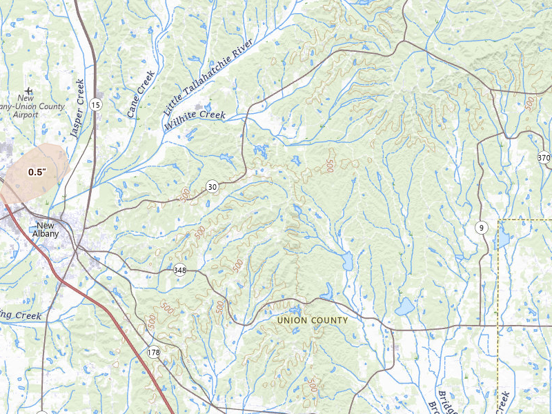 Radar-estimated hail-size map of the storm over New Albany, MS on Jun 12, 2026