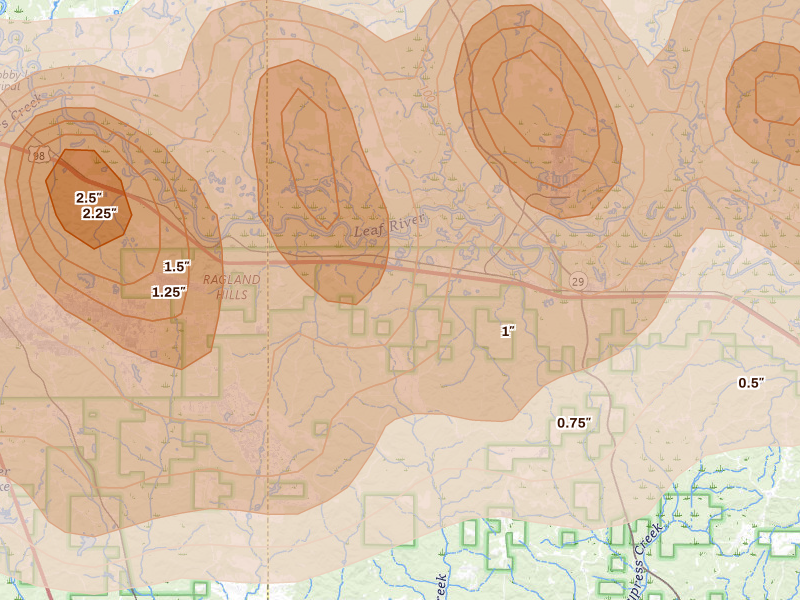 Radar-estimated hail-size map of the storm over New Augusta, MS on May 6, 2026