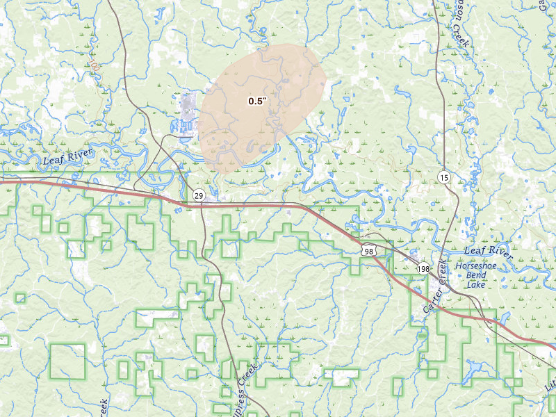 Radar-estimated hail-size map of the storm over New Augusta, MS on Aug 19, 2026