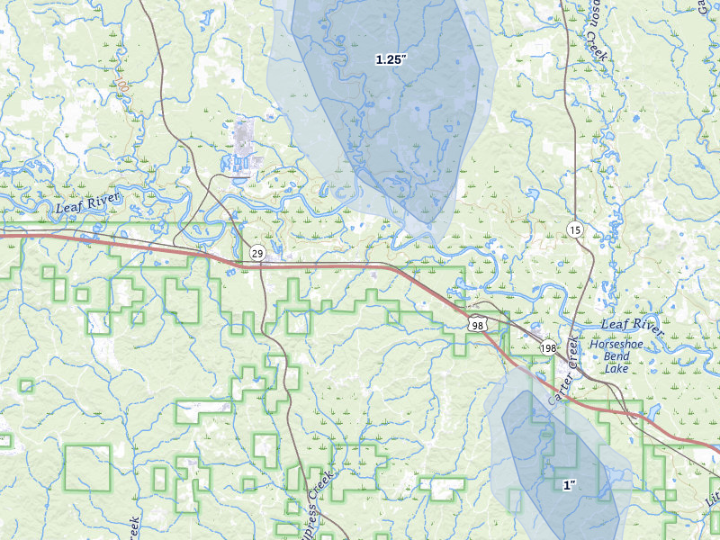 NEXRAD radar-signature map of the hail storm over New Augusta, MS on Aug 19, 2026