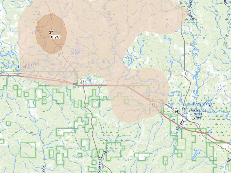Radar-estimated hail-size map of the storm over New Augusta, MS on Aug 21, 2026