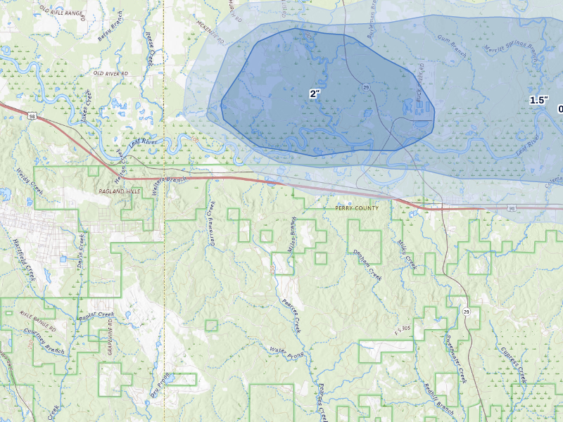 NEXRAD radar-signature map of the hail storm over New Augusta, MS on Aug 21, 2026