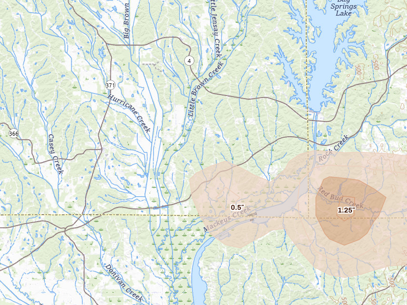 Radar-estimated hail-size map of the storm over New Site, MS on Apr 28, 2026