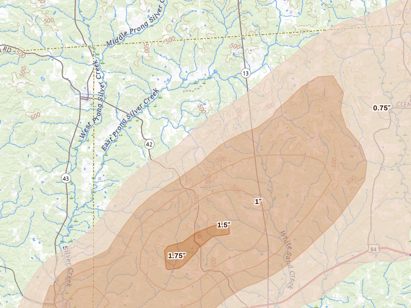 Radar-estimated hail-size map of the storm over Newhebron, MS on May 6, 2026