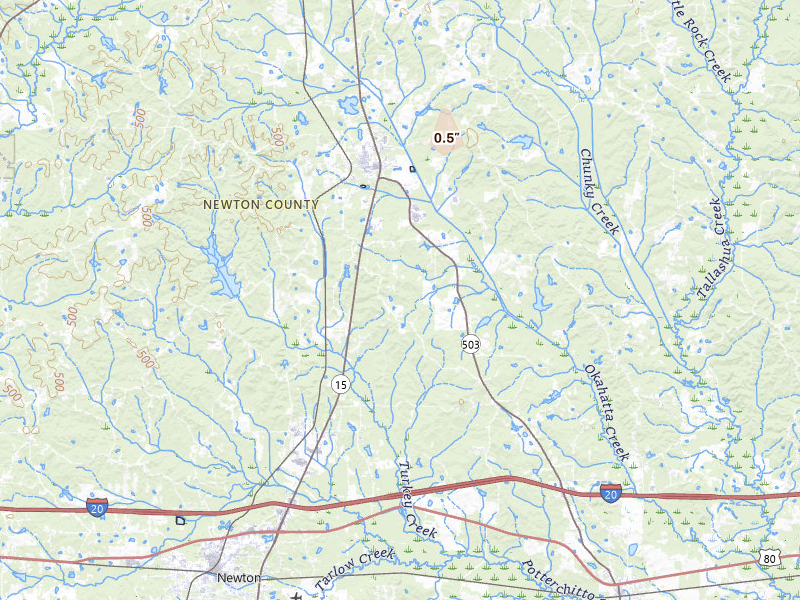 Radar-estimated hail-size map of the storm over Newton, MS on Apr 1, 2026