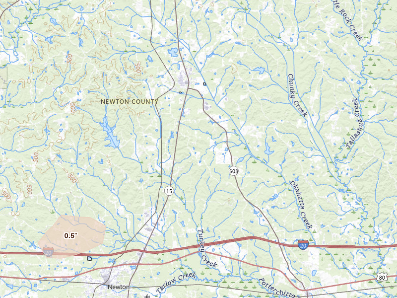 Radar-estimated hail-size map of the storm over Newton, MS on Apr 29, 2026