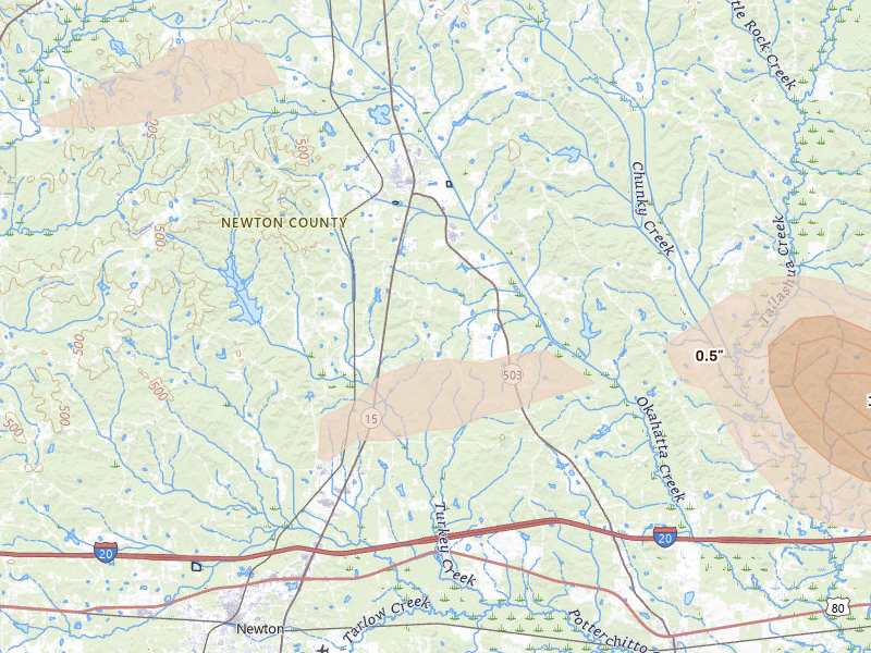 Radar-estimated hail-size map of the storm over Newton, MS on May 10, 2026