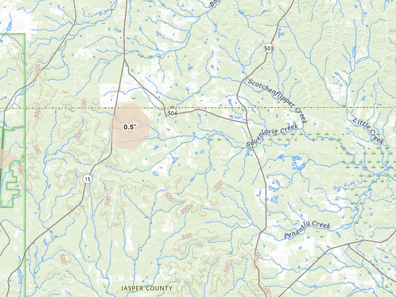 Radar-estimated hail-size map of the storm over Newton, MS on Aug 20, 2026