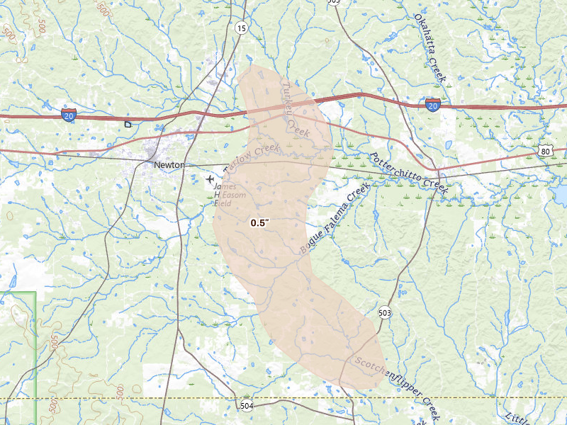 Radar-estimated hail-size map of the storm over Newton, MS on Aug 21, 2026