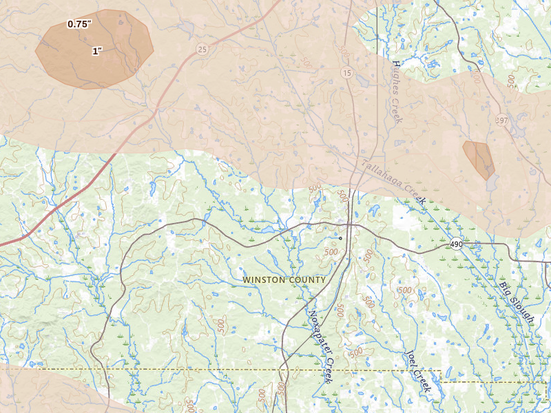 Radar-estimated hail-size map of the storm over Noxapater, MS on Apr 28, 2026