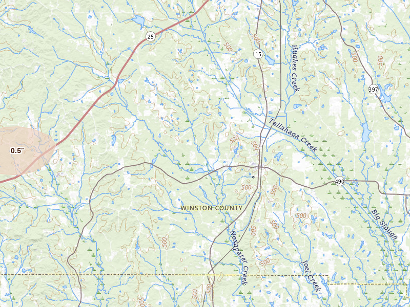 Radar-estimated hail-size map of the storm over Noxapater, MS on May 6, 2026