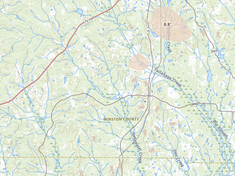 Radar-estimated hail-size map of the storm over Noxapater, MS on Aug 18, 2026