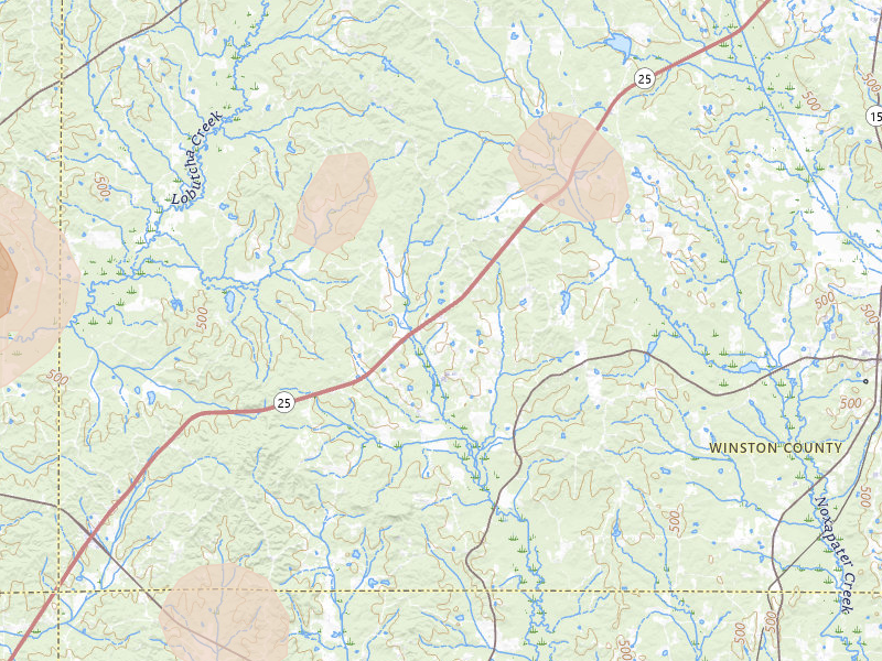 Radar-estimated hail-size map of the storm over Noxapater, MS on Aug 19, 2026