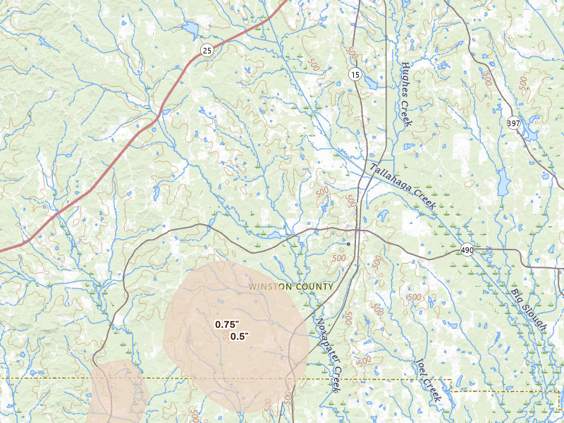 Radar-estimated hail-size map of the storm over Noxapater, MS on Aug 20, 2026