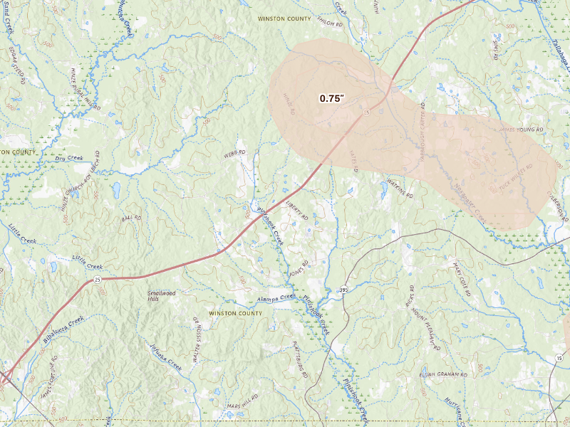 Radar-estimated hail-size map of the storm over Noxapater, MS on Aug 26, 2026