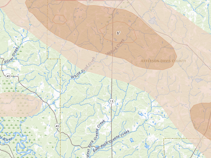 Radar-estimated hail-size map of the storm over Oak Vale, MS on Apr 24, 2026