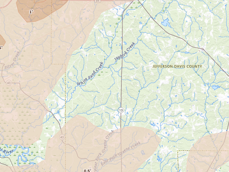 Radar-estimated hail-size map of the storm over Oak Vale, MS on May 6, 2026