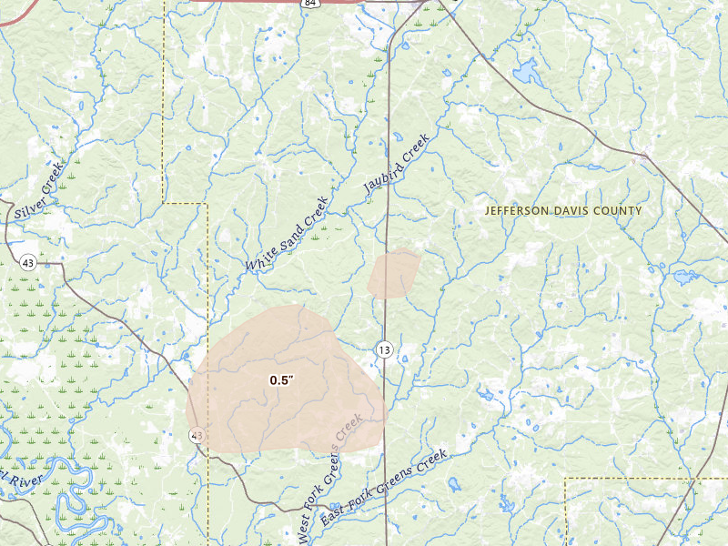 Radar-estimated hail-size map of the storm over Oak Vale, MS on Jun 19, 2026