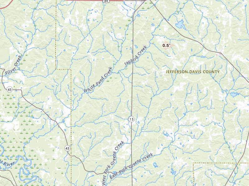 Radar-estimated hail-size map of the storm over Oak Vale, MS on Jul 1, 2026