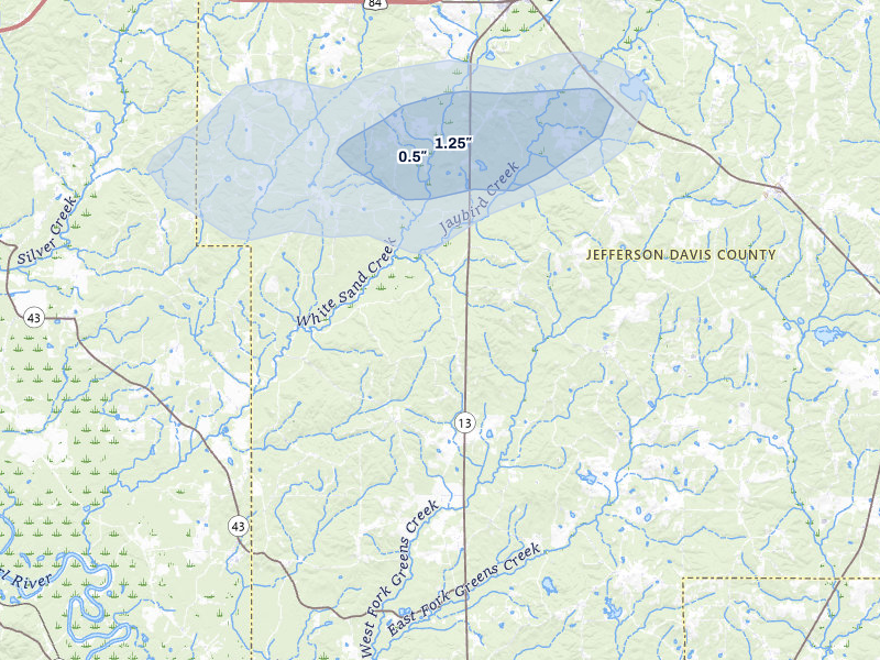 NEXRAD radar-signature map of the hail storm over Oak Vale, MS on Jul 1, 2026