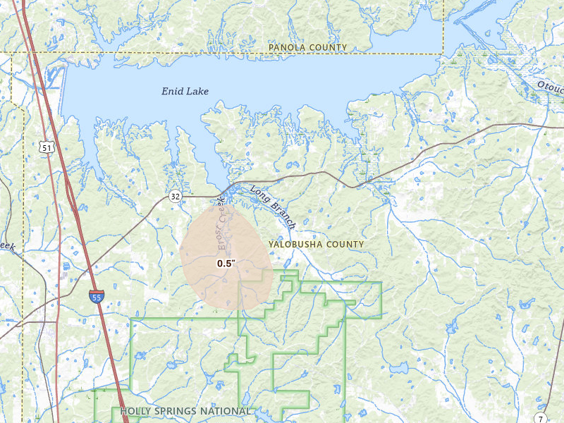 Radar-estimated hail-size map of the storm over Oakland, MS on Jul 4, 2026