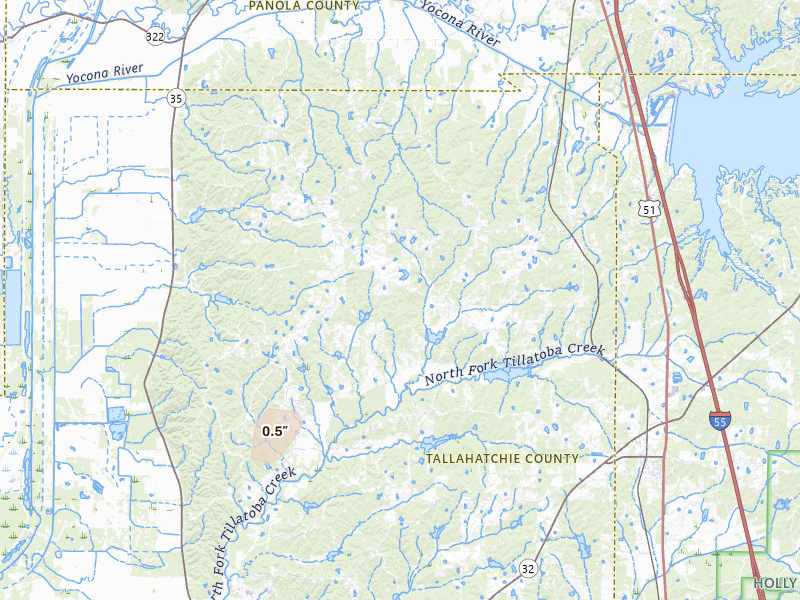 Radar-estimated hail-size map of the storm over Oakland, MS on Aug 10, 2026