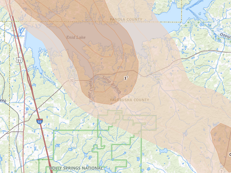 Radar-estimated hail-size map of the storm over Oakland, MS on Aug 22, 2026