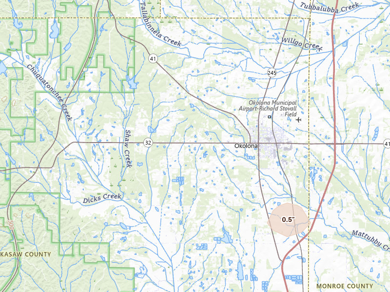 Radar-estimated hail-size map of the storm over Okolona, MS on Jun 12, 2026