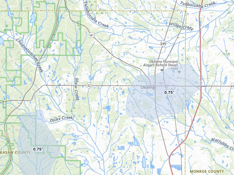 NEXRAD radar-signature map of the hail storm over Okolona, MS on Jul 11, 2026