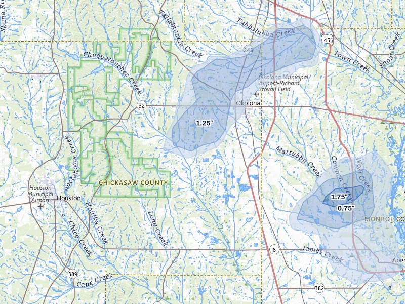 NEXRAD radar-signature map of the hail storm over Okolona, MS on Aug 9, 2026
