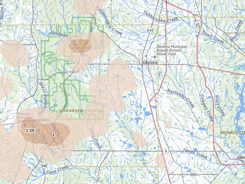 Radar-estimated hail-size map of the storm over Okolona, MS on Aug 20, 2026