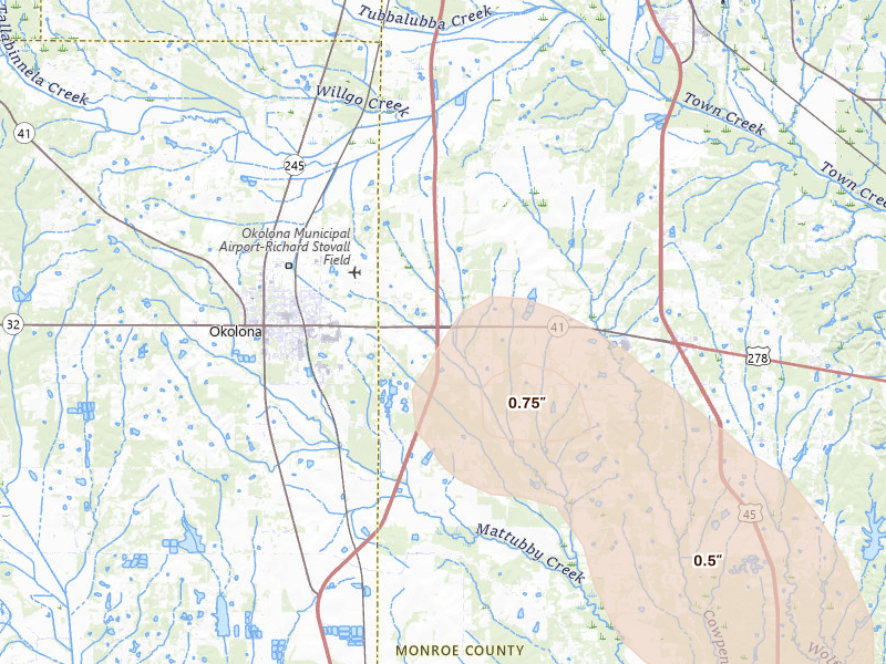 Radar-estimated hail-size map of the storm over Okolona, MS on Aug 22, 2026