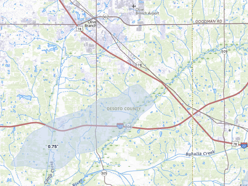 NEXRAD radar-signature map of the hail storm over Olive Branch, MS on Apr 28, 2026