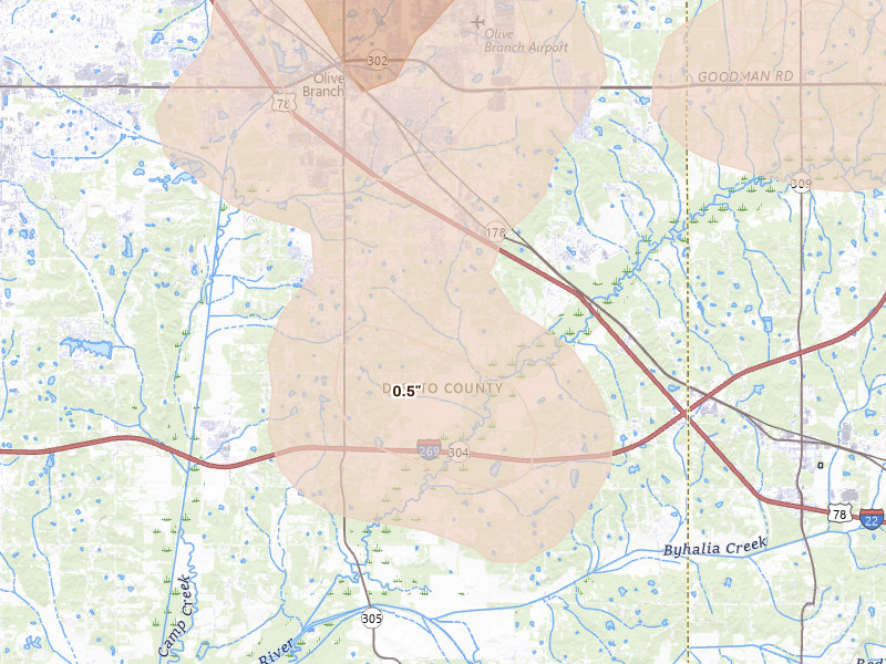 Radar-estimated hail-size map of the storm over Olive Branch, MS on Jun 1, 2026