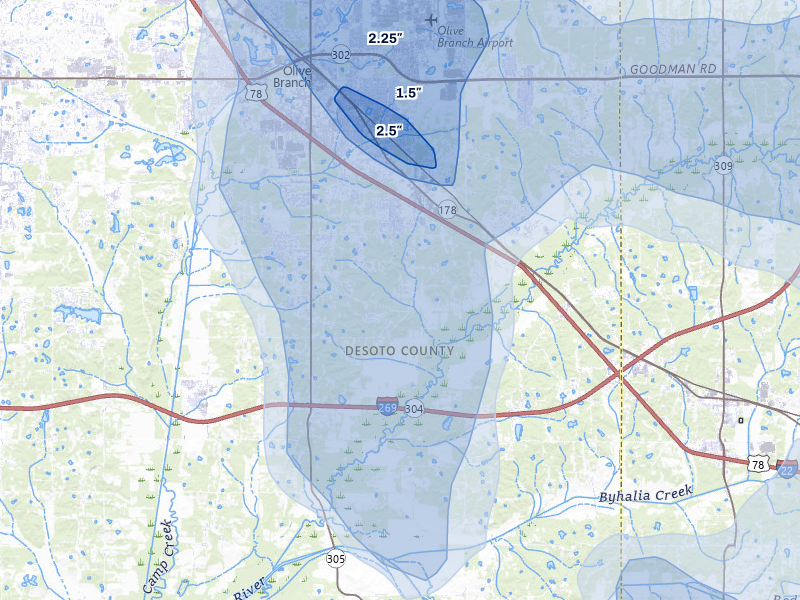 NEXRAD radar-signature map of the hail storm over Olive Branch, MS on Jun 1, 2026