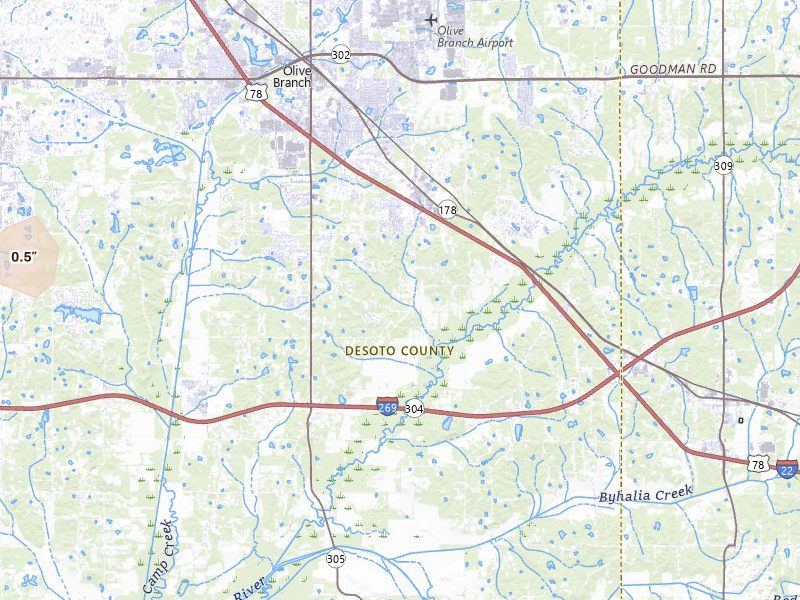 Radar-estimated hail-size map of the storm over Olive Branch, MS on Jul 6, 2026