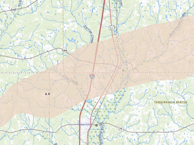 Radar-estimated hail-size map of the storm over Osyka, MS on May 6, 2026