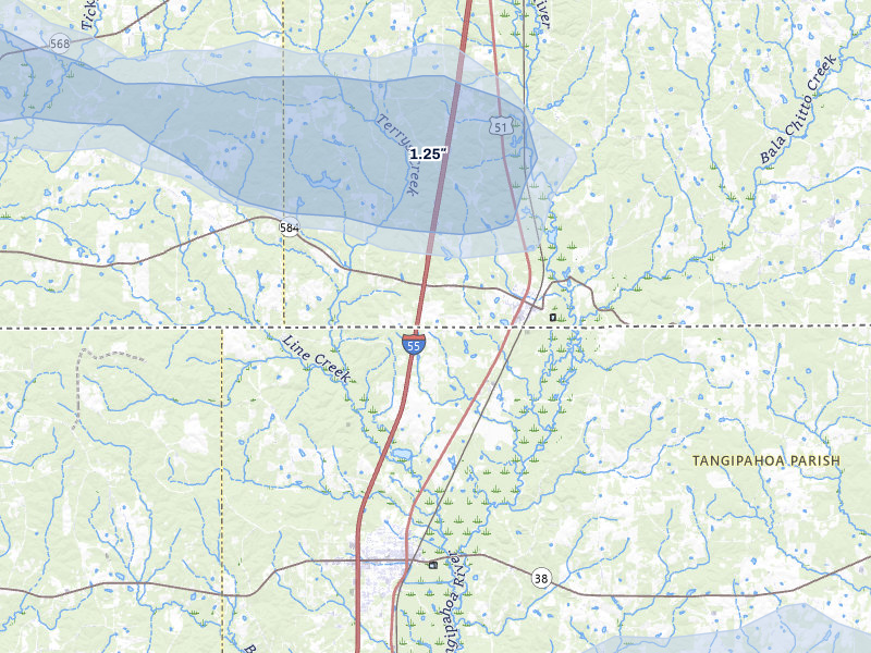 NEXRAD radar-signature map of the hail storm over Osyka, MS on May 8, 2026
