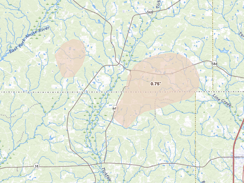 Radar-estimated hail-size map of the storm over Osyka, MS on Aug 17, 2026