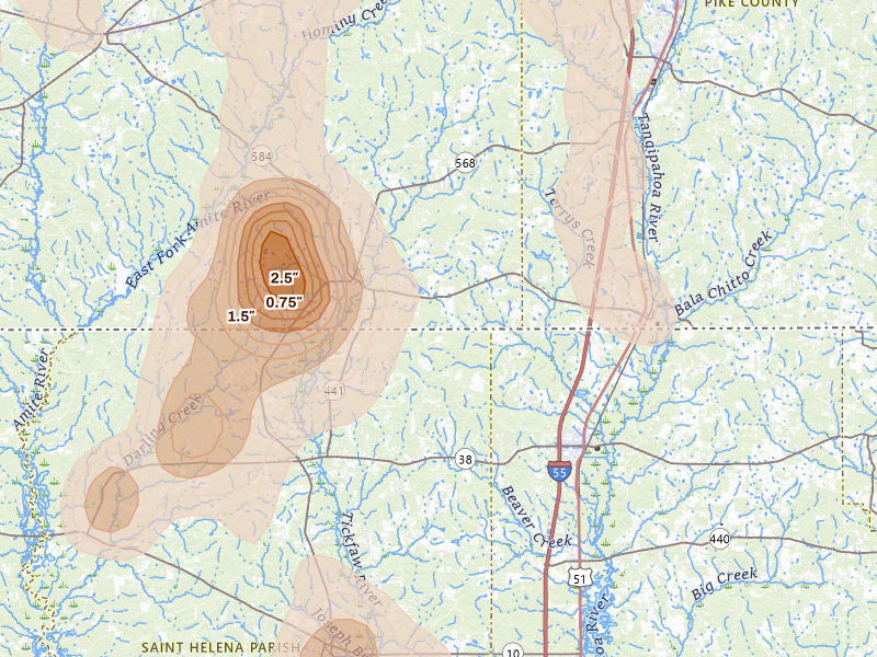 Radar-estimated hail-size map of the storm over Osyka, MS on Aug 21, 2026