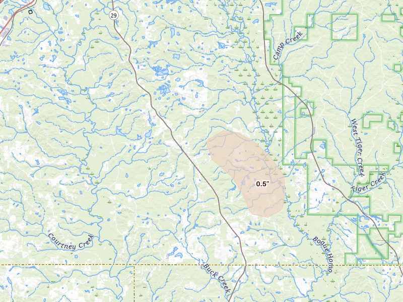 Radar-estimated hail-size map of the storm over Ovett, MS on Aug 8, 2026
