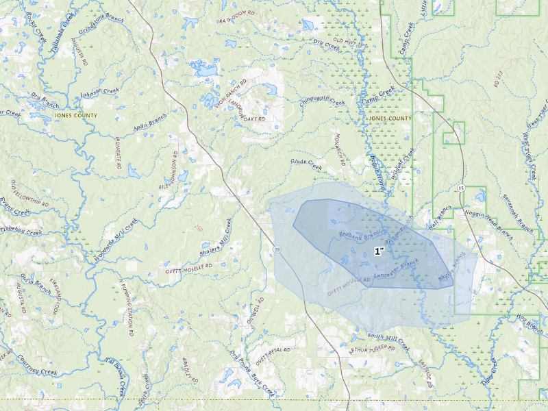 NEXRAD radar-signature map of the hail storm over Ovett, MS on Aug 8, 2026