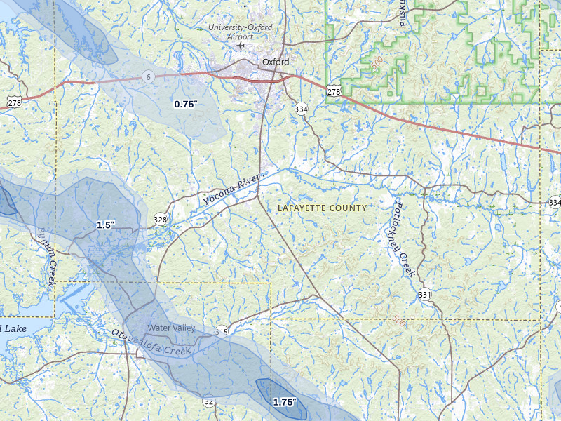 NEXRAD radar-signature map of the hail over Oxford, MS
