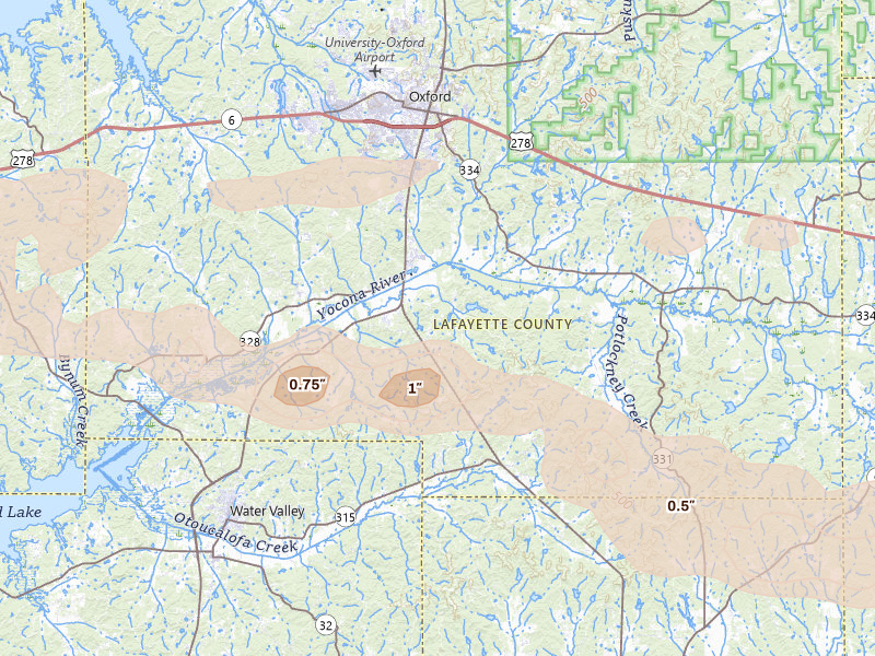 Radar-estimated hail-size map of the storm over Oxford, MS on Apr 27, 2026