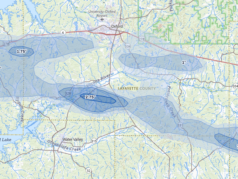 NEXRAD radar-signature map of the hail over Oxford, MS