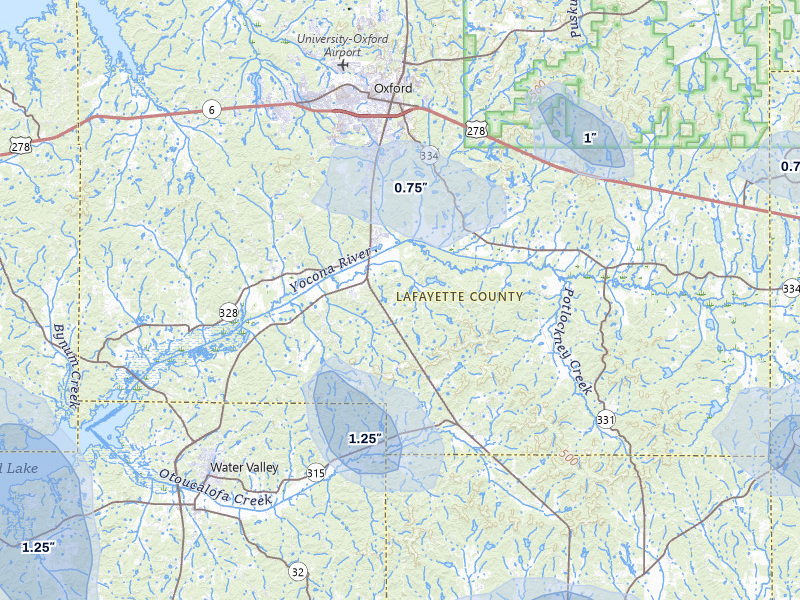 NEXRAD radar-signature map of the hail storm over Oxford, MS on Jul 1, 2026