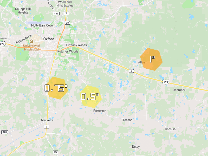 Hail map of Oxford, MS on Jul 1, 2026, hail up to 1"