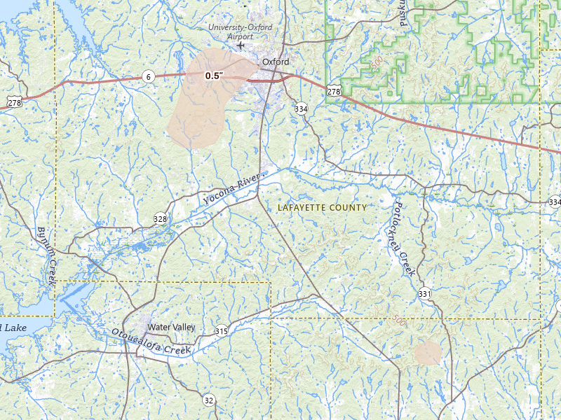 Radar-estimated hail-size map of the storm over Oxford, MS on Jul 4, 2026